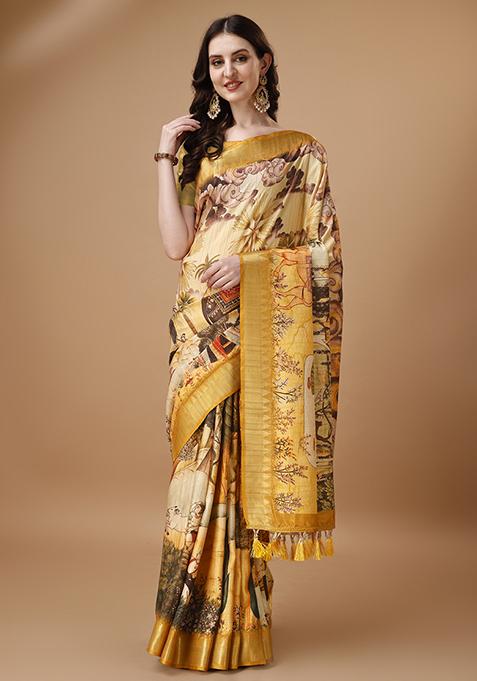 Multicolour Abstract Print Silk Saree Set