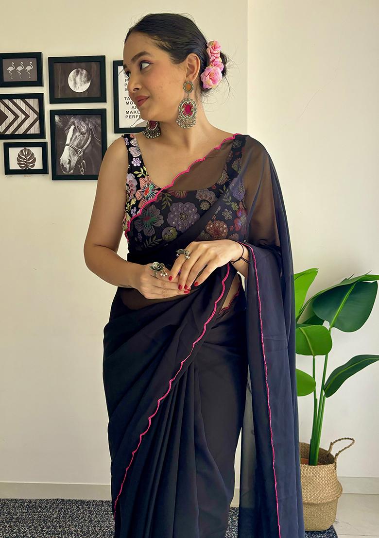 Black Sequin Embroidered Georgette Saree Set - Indya