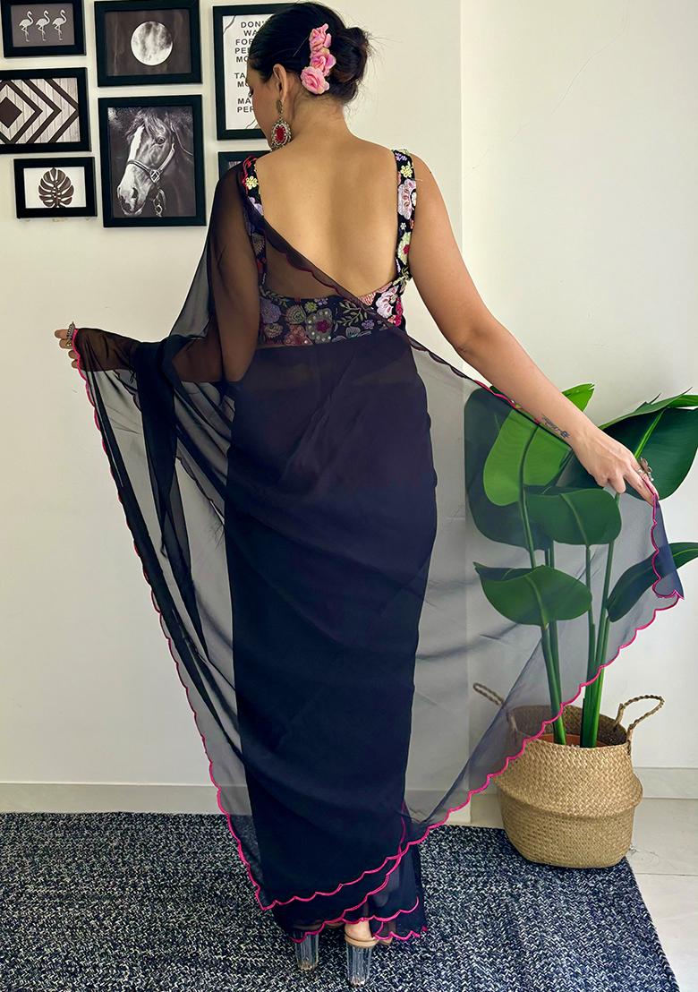 Black Sequin Embroidered Georgette Saree Set - Indya