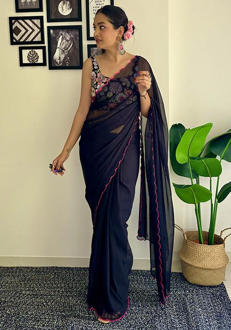 Black Sequin Embroidered Georgette Saree Set