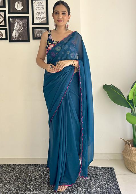 Blue Sequin Embroidered Georgette Saree Set