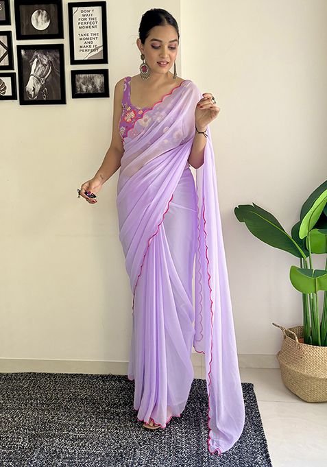 Purple Sequin Embroidered Georgette Saree Set