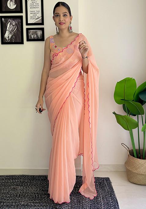 Peach Sequin Embroidered Georgette Saree Set