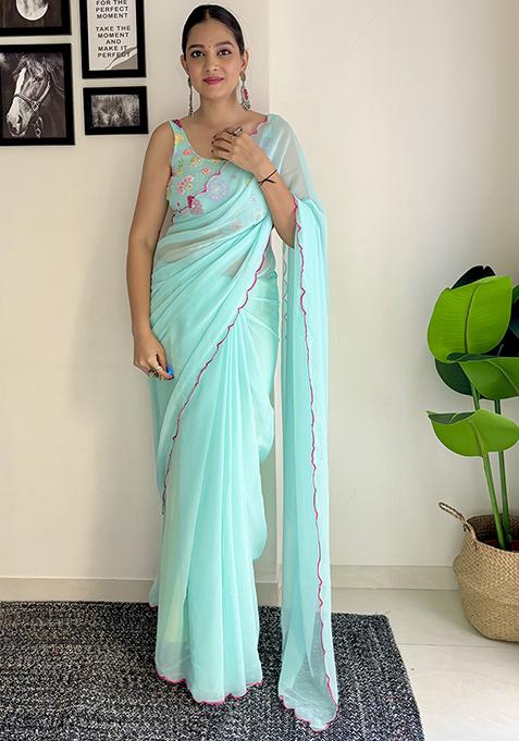 Sky Blue Sequin Embroidered Georgette Saree Set