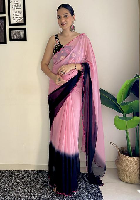 Pink Sequin Embroidered Georgette Saree Set