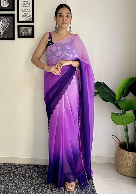 Purple Sequin Embroidered Georgette Saree Set