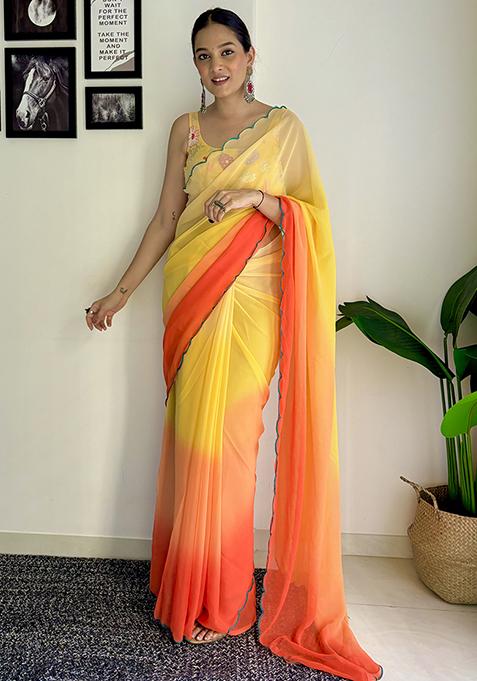 Yellow Sequin Embroidered Georgette Saree Set