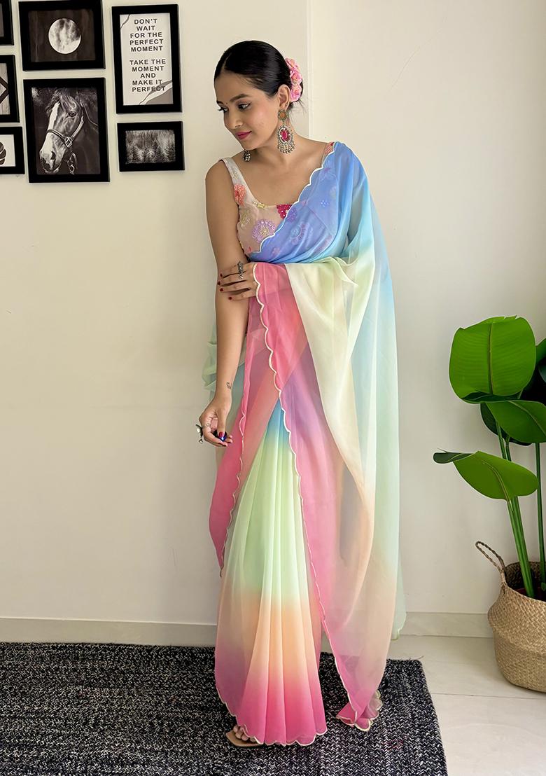 Multicolour Sequin Embroidered Georgette Saree Set - Indya