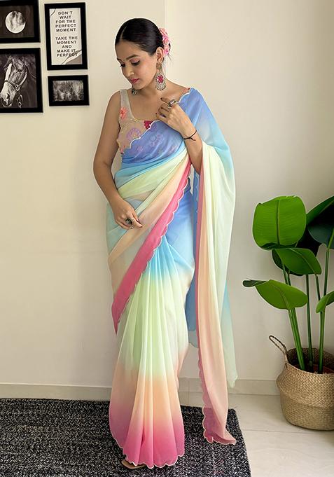 Multicolour Sequin Embroidered Georgette Saree Set