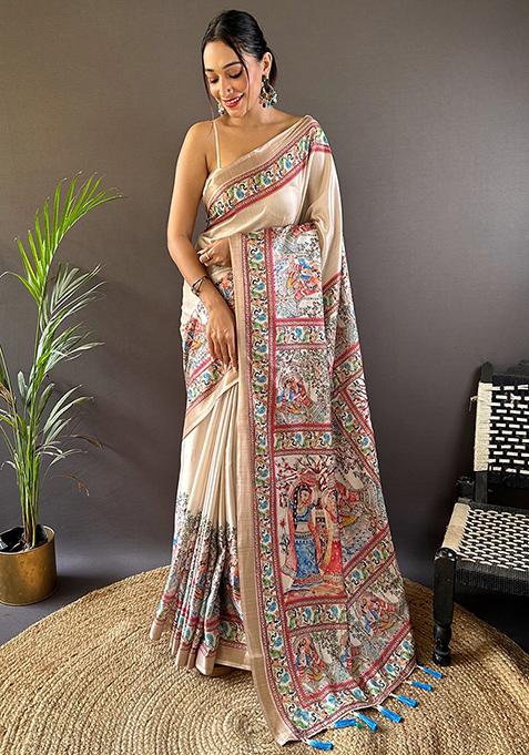 Beige Abstract Print Silk Saree Set