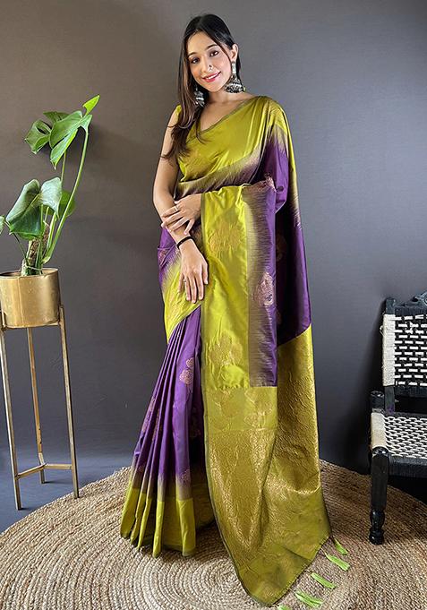 Violet Abstract Print Silk Saree Set