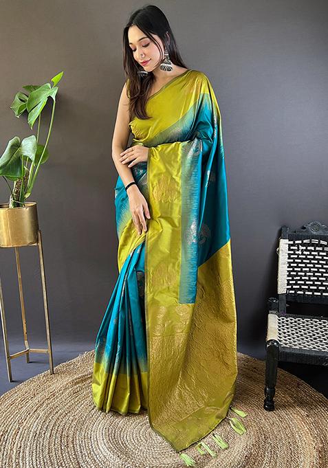 Sea Green Abstract Print Silk Saree Set