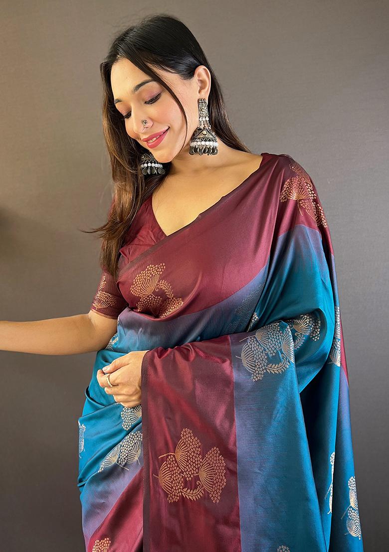 Blue Abstract Print Silk Saree Set - Indya