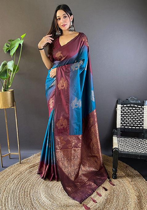 Blue Abstract Print Silk Saree Set