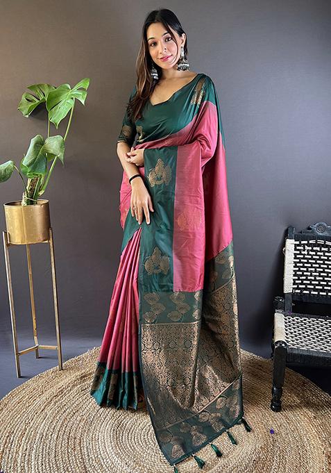 Maroon Abstract Print Silk Saree Set