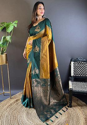 Golden Abstract Print Silk Saree Set