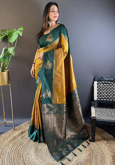 Golden Abstract Print Silk Saree Set