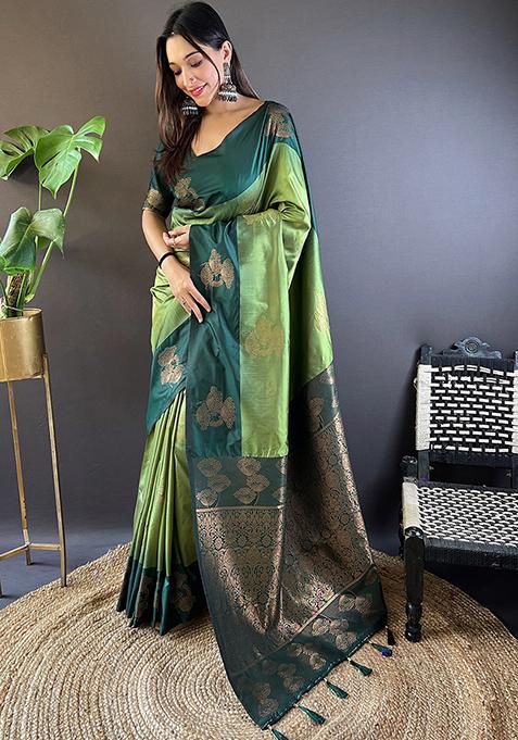 Green Abstract Print Silk Saree Set