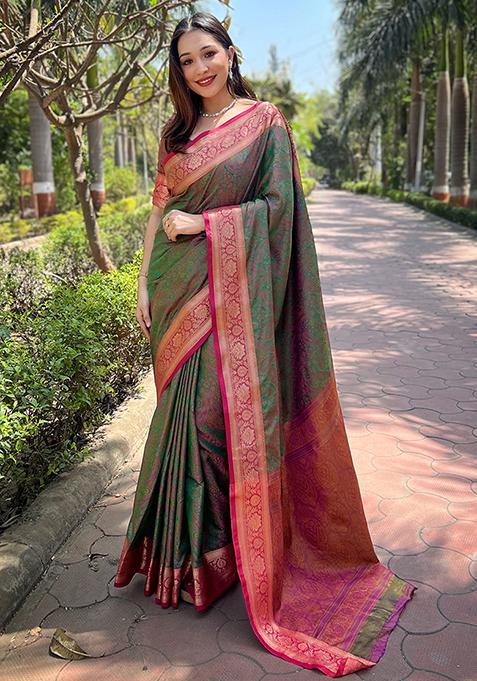 Green Zari Woven Silk Saree Set