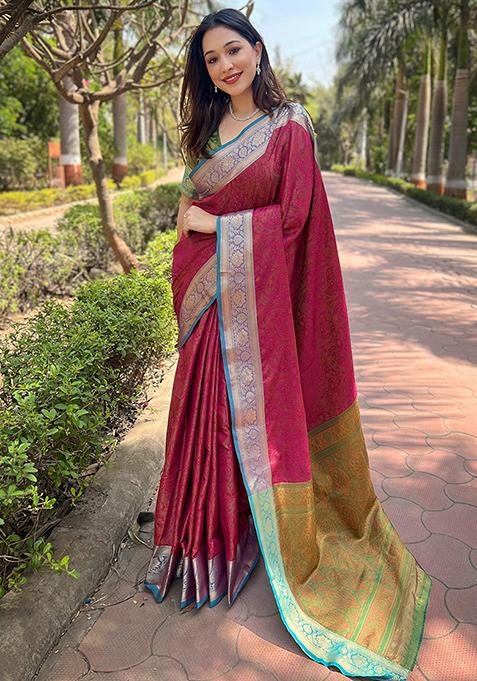 Pink Zari Woven Silk Saree Set