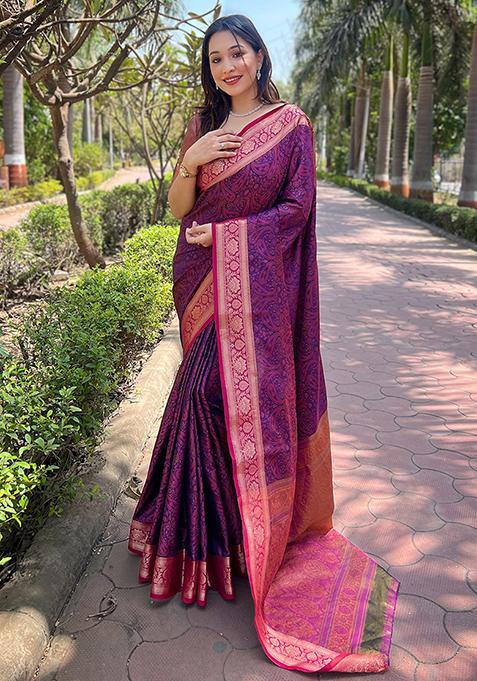 Violet Zari Woven Silk Saree Set