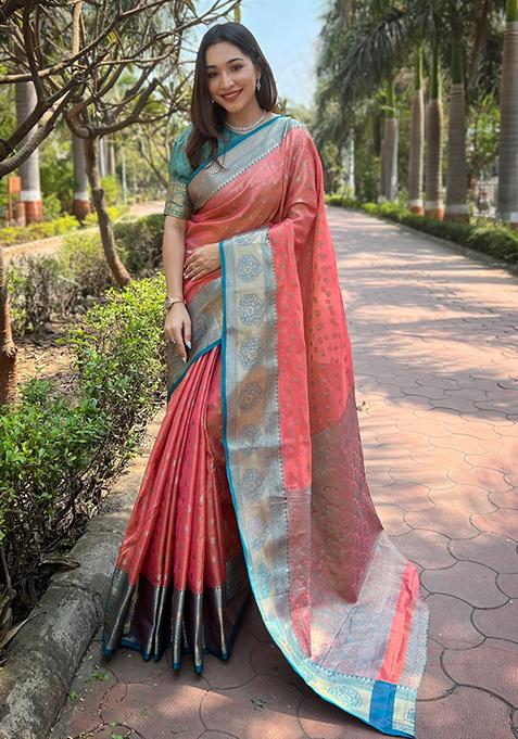 Peach Zari Woven Silk Saree Set