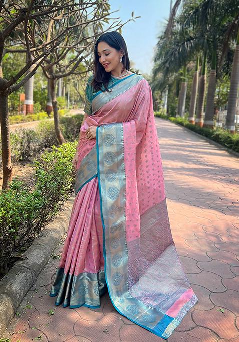 Pink Zari Woven Silk Saree Set