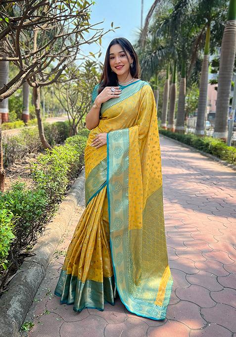 Yellow Zari Woven Silk Saree Set