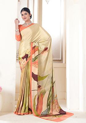 Cream Abstract Print Crepe Saree Set