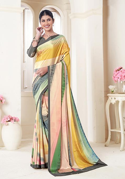 Multicolour Abstract Print Crepe Saree Set