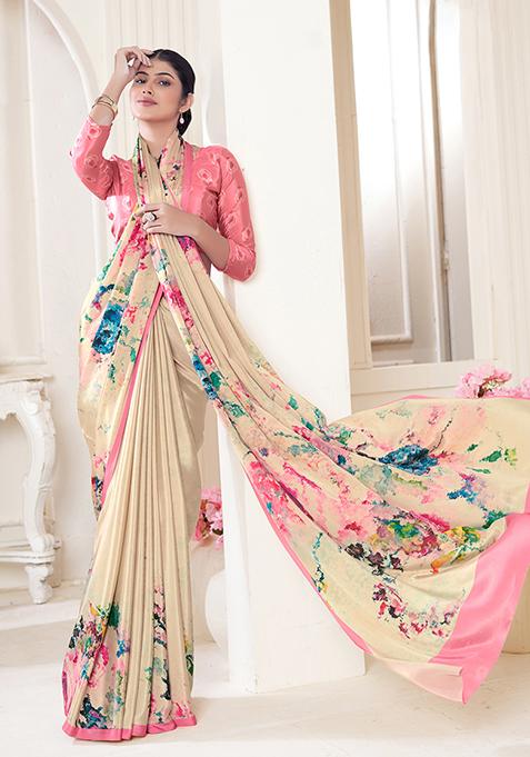 Cream Abstract Print Crepe Saree Set