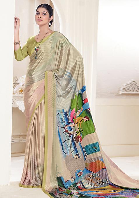 Cream Abstract Print Crepe Saree Set