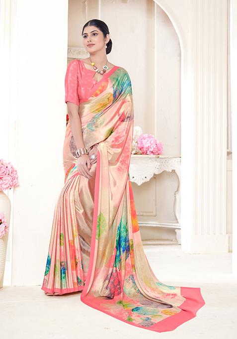 Multicolour Abstract Print Crepe Saree Set