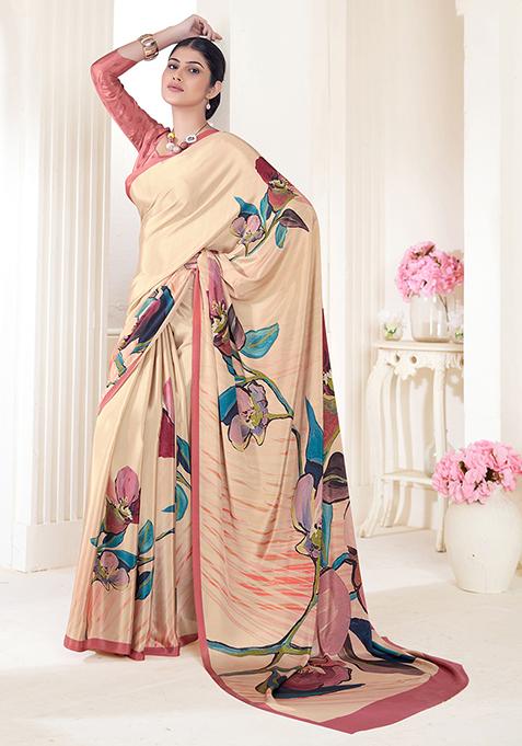 Cream Abstract Print Crepe Saree Set