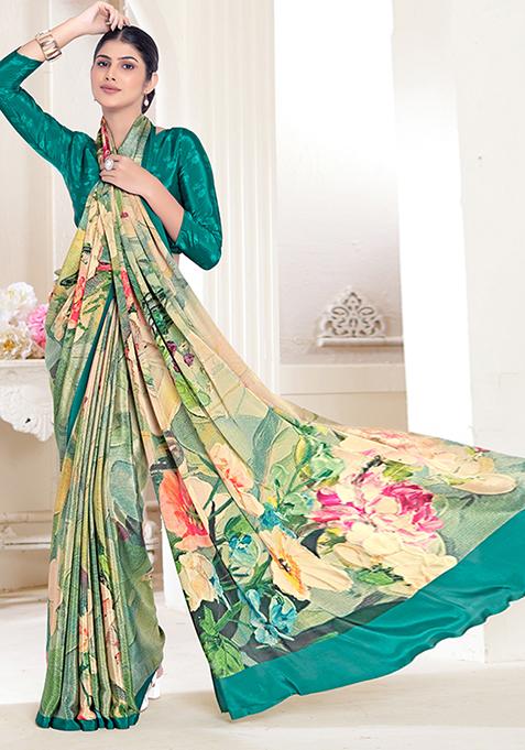 Green Abstract Print Crepe Saree Set