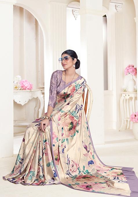 Beige Abstract Print Crepe Saree Set