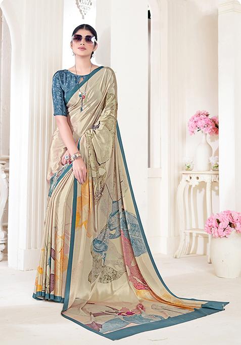 Beige Abstract Print Crepe Saree Set