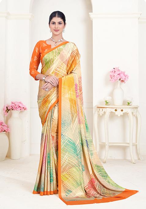 Multicolour Abstract Print Crepe Saree Set