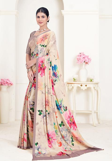 Multicolour Abstract Print Crepe Saree Set