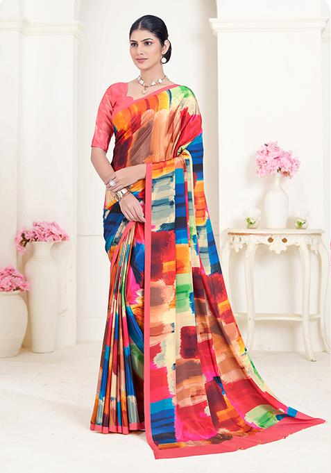 Multicolour Abstract Print Crepe Saree Set