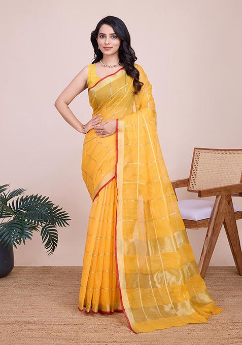 Yellow Zari Woven Kota Doria Saree Set