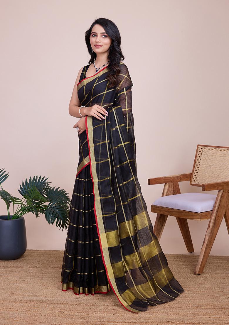 Black Zari Woven Kota Doria Saree Set - Indya