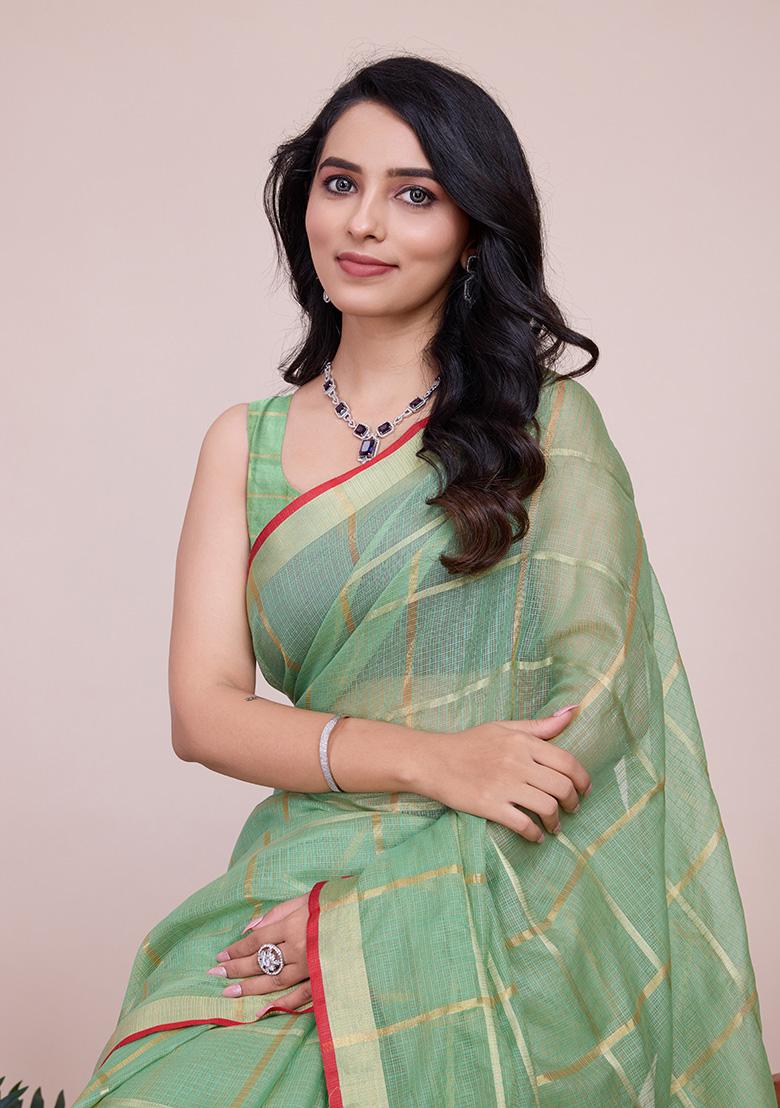 Green Zari Woven Kota Doria Saree Set - Indya