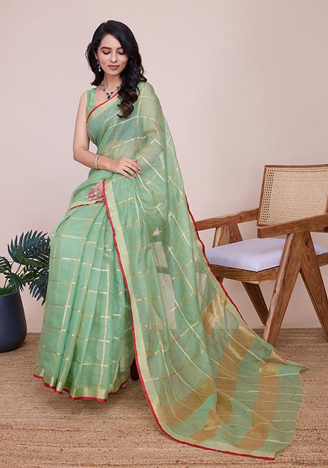 Green Zari Woven Kota Doria Saree Set
