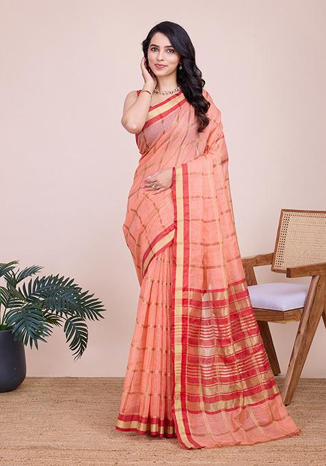 Peach Zari Woven Kota Doria Saree Set