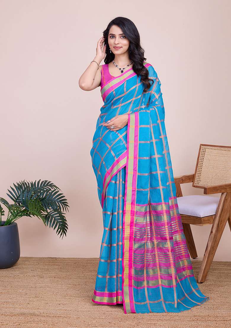 Turquoise Zari Woven Kota Doria Saree Set for Diwali and Festive Wear - Indya