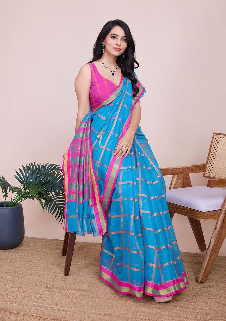 Turquoise Zari Woven Kota Doria Saree Set for Diwali and Festive Wear - Indya