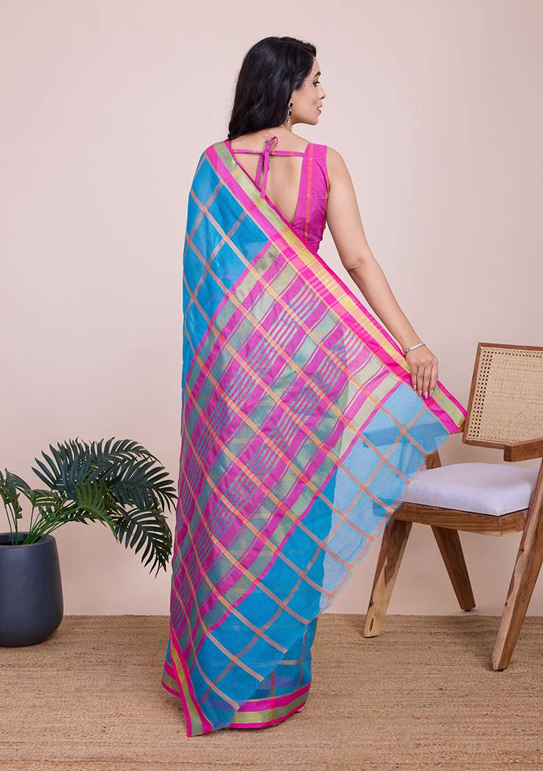 Turquoise Zari Woven Kota Doria Saree Set for Diwali and Festive Wear - Indya