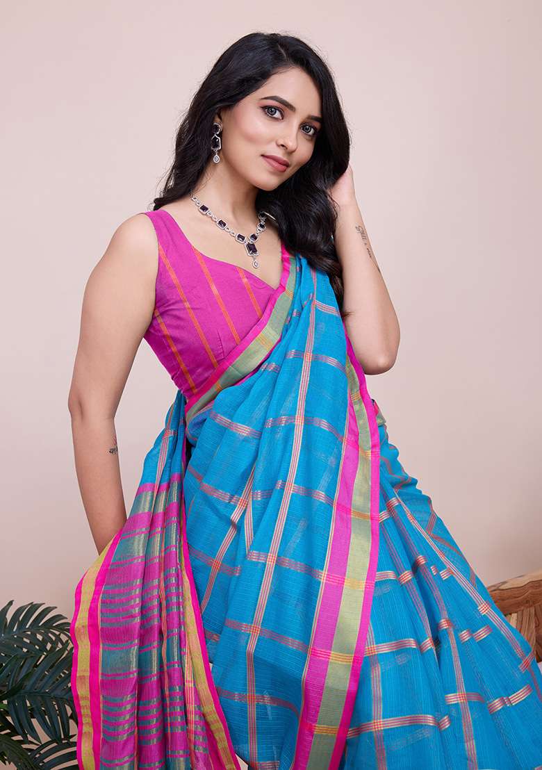 Turquoise Zari Woven Kota Doria Saree Set for Diwali and Festive Wear - Indya