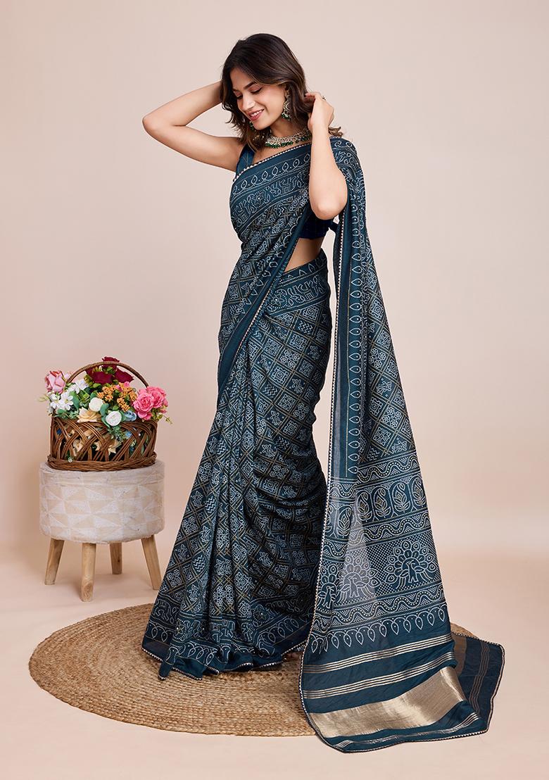 Blue Bandhej Woven Cotton Silk Saree Set - Indya